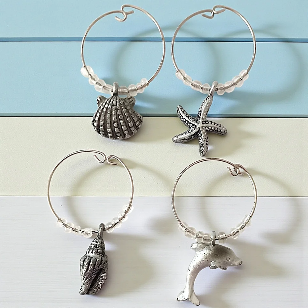 4 Beach Themed Wine Glass Charms Vintage Y2K Silver Tone Beaded Coastal Nautical